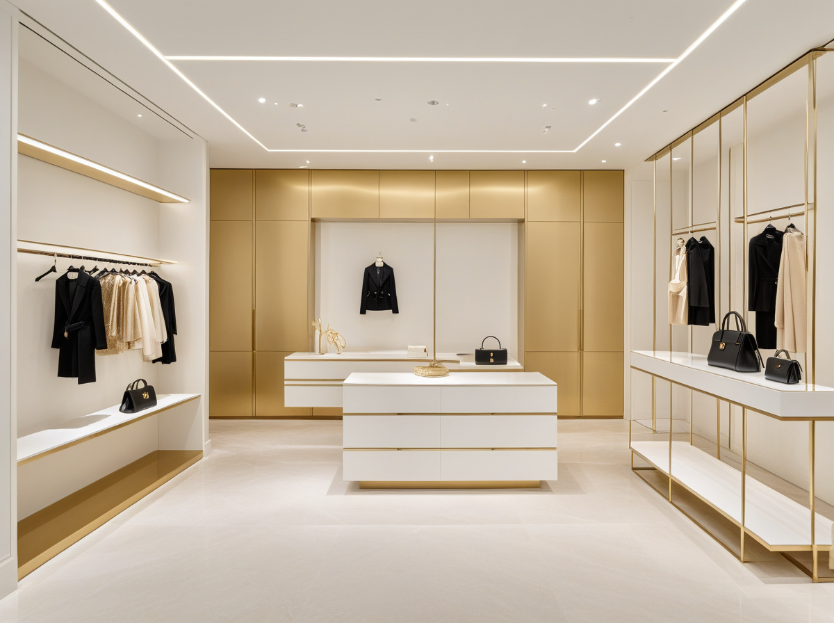 Upscale luxury boutique interior with handbag display