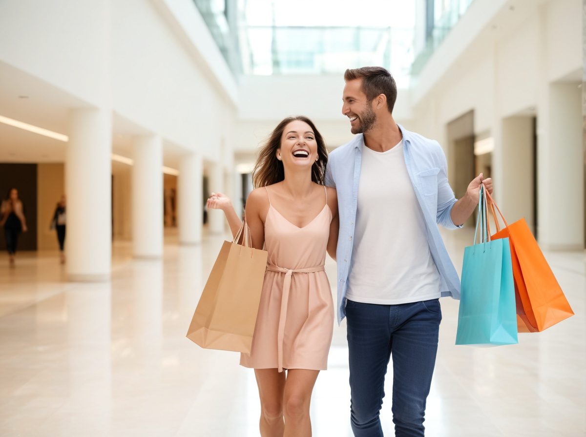 Happy couple carrying luxury shopping bags in Las Vegas mall